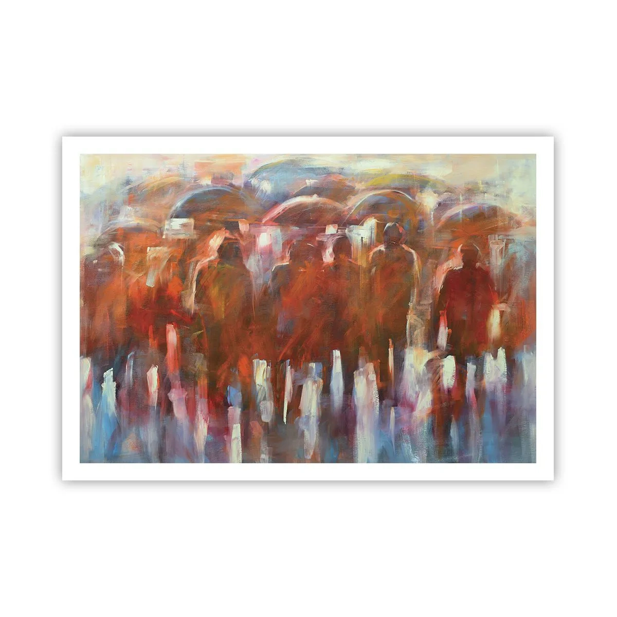 Póster - Una multitud de personas con paraguas en un entorno artístico y lluvioso. - 100x70cm - Iguales entre la niebla - Decoración de pared moderna para salón y dormitorio ARTTOR