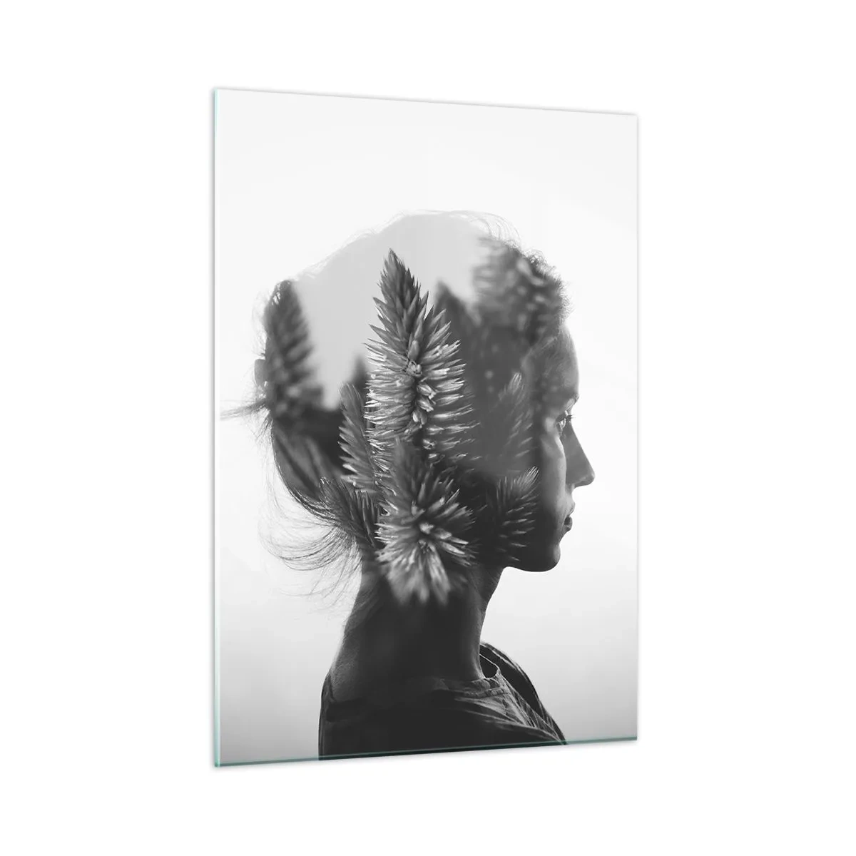 Cuadro sobre vidrio - Impresiones sobre Vidrio - Una mujer en blanco y negro con un motivo de bosque de coníferas superpuesto. - 50x70cm - La dama del bosque de pinos - Decoración de pared moderna para salón y dormitorio ARTTOR
