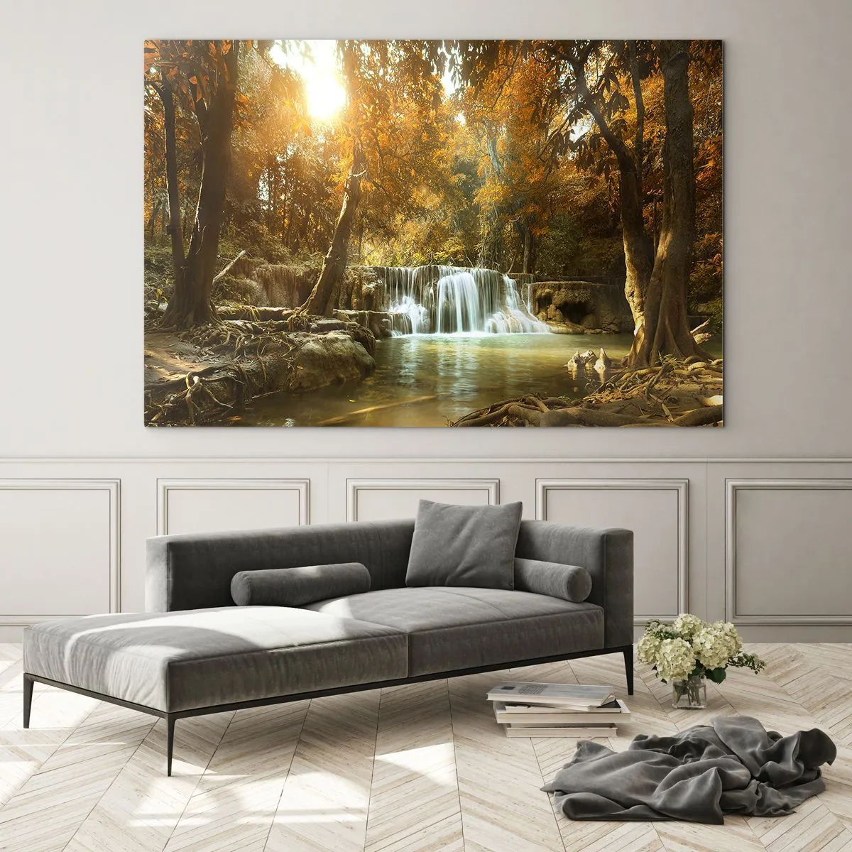 Cuadro sobre vidrio - Impresiones sobre Vidrio - Una cascada en un parque rodeada de árboles en colores otoñales. - 70x50cm - Una cascada en el parque - Decoración de pared moderna para salón y dormitorio ARTTOR