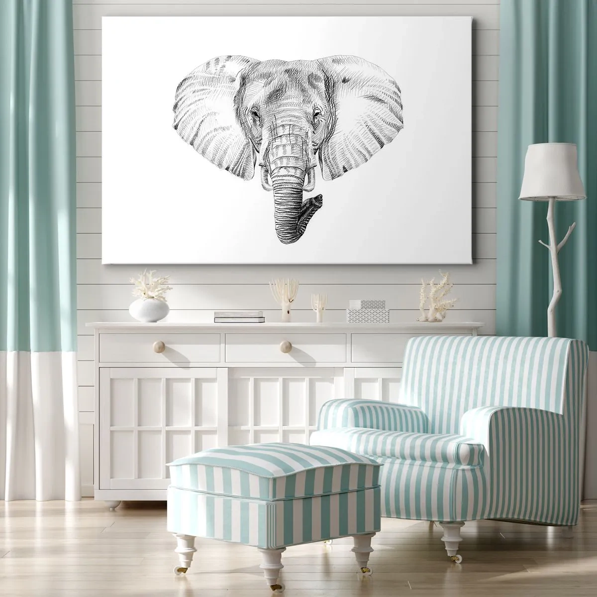 Cuadro sobre lienzo - Impresión de Imagen - Dibujo en blanco y negro de la cabeza de un elefante sobre un fondo blanco. - 70x50cm - Érase una vez un elefante... - Decoración de pared moderna para salón y dormitorio ARTTOR