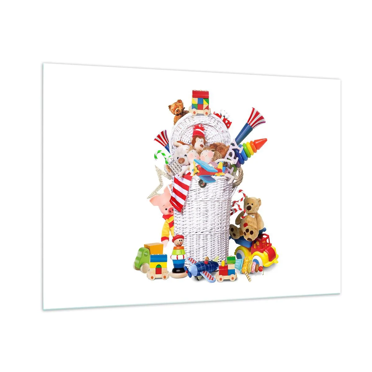 Cuadro sobre vidrio - Impresiones sobre Vidrio - Una cesta llena de juguetes de colores sobre un fondo blanco. - 100x70cm - Tesoros para los más pequeños - Decoración de pared moderna para salón y dormitorio ARTTOR