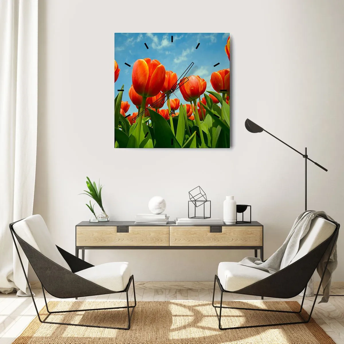 Reloj de pared - Reloj de vidrio - Un campo de tulipanes rojos y naranjas contra un cielo azul. - 30x30cm - Excepto el cielo azul no necesitan nada en la vida - Decoración de pared moderna para salón y dormitorio ARTTOR