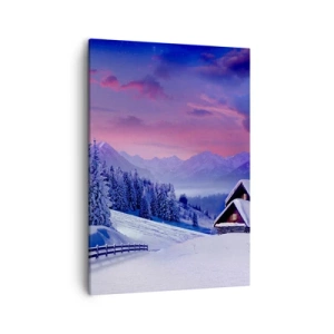 Cuadro sobre lienzo - Impresión de Imagen - Paisaje invernal con cabañas de montaña al atardecer - 50x70cm - Noche de silencio - Decoración de pared moderna para salón y dormitorio ARTTOR