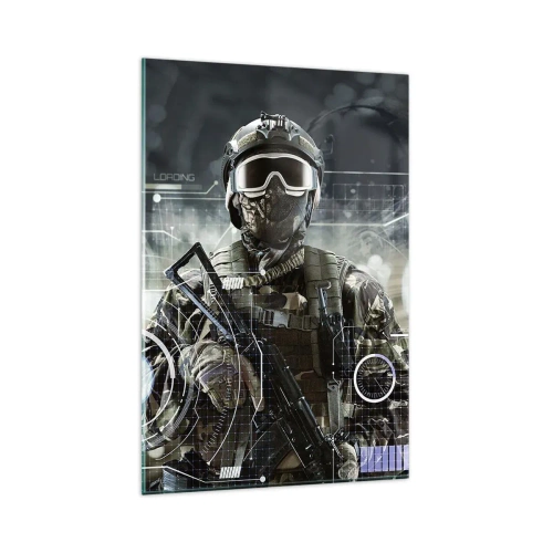 Cuadro sobre vidrio - Impresiones sobre Vidrio - Un soldado con un casco futurista y una pistola en un fondo de tecnología. - 80x120cm - De poder a poder - Decoración de pared moderna para salón y dormitorio ARTTOR