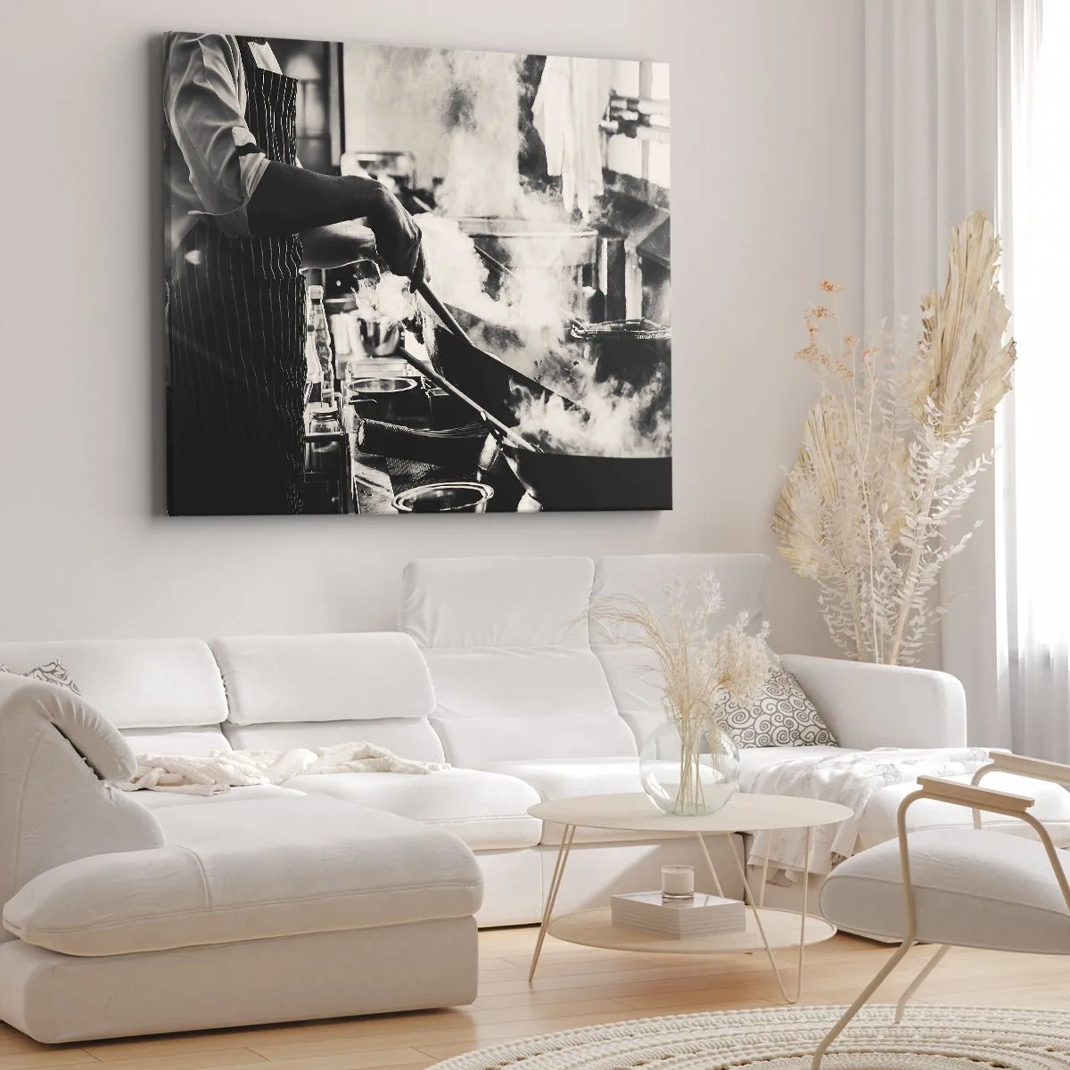 Cuadro sobre lienzo - Impresión de Imagen - Un chef trabajando en la cocina con vapor saliendo de una sartén. - 70x50cm - Alquimia de sabores - Decoración de pared moderna para salón y dormitorio ARTTOR