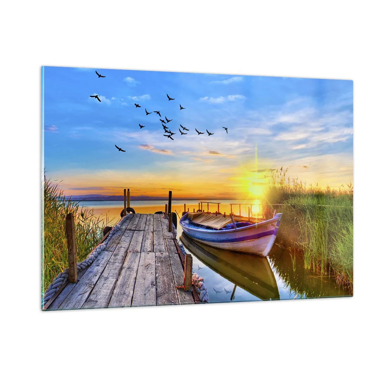 Cuadro sobre vidrio - Impresiones sobre Vidrio - Muelle de madera sobre un lago con un barco al amanecer - 120x80cm - Adiós, hasta mañana - Decoración de pared moderna para salón y dormitorio ARTTOR