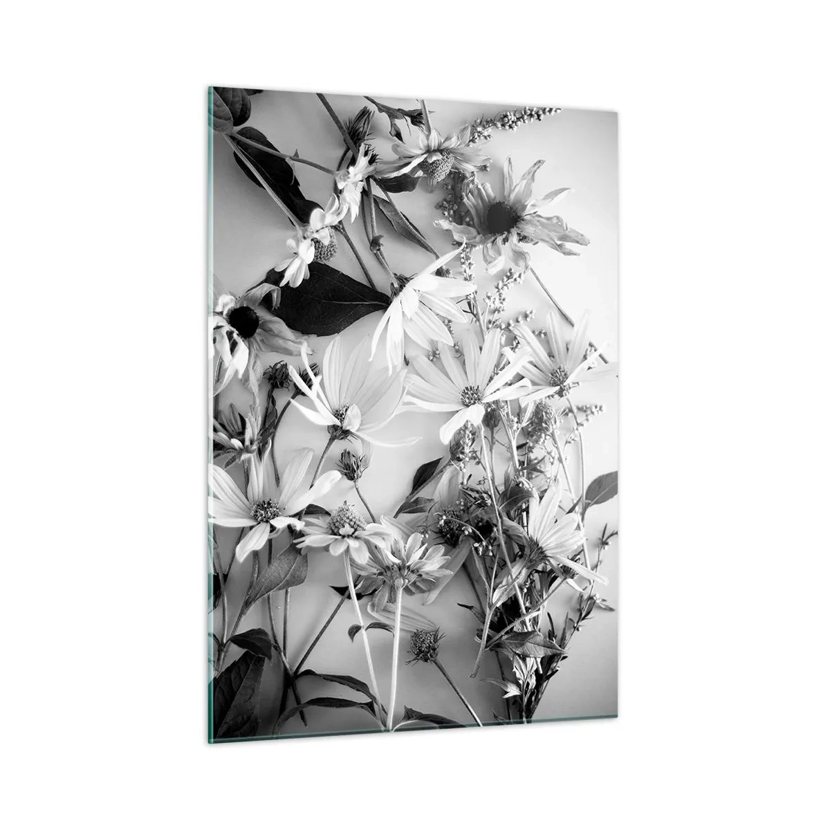 Cuadro sobre vidrio - Impresiones sobre Vidrio - Flores blancas y negras dispersas en un arreglo artístico. - 50x70cm - Un no ramo de flores - Decoración de pared moderna para salón y dormitorio ARTTOR