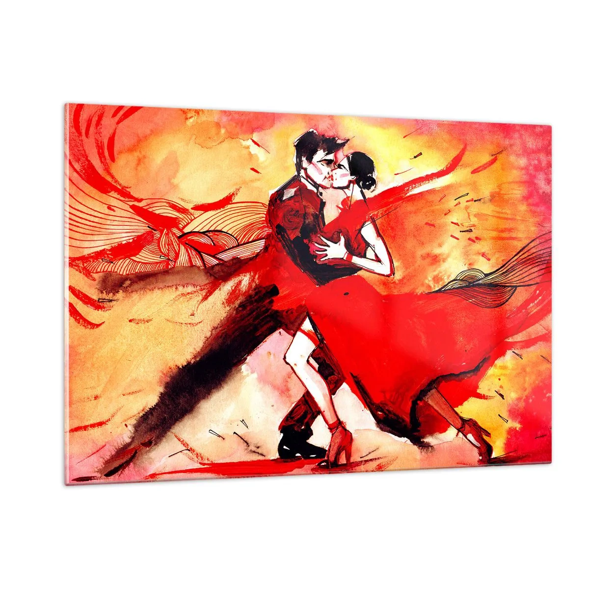 Cuadro sobre vidrio - Impresiones sobre Vidrio - Una pareja bailando en una composición roja dinámica. - 120x80cm - Ritmo púrpura de la pasión - Decoración de pared moderna para salón y dormitorio ARTTOR