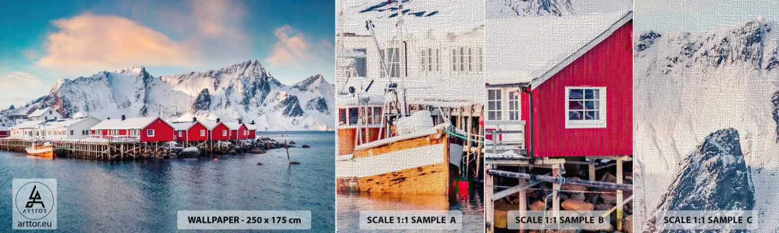 Muestra de fotomural Premium Canvas - Un retiro en el norte - Paisaje, Noruega, Islas Lofoten - 100x30 cm