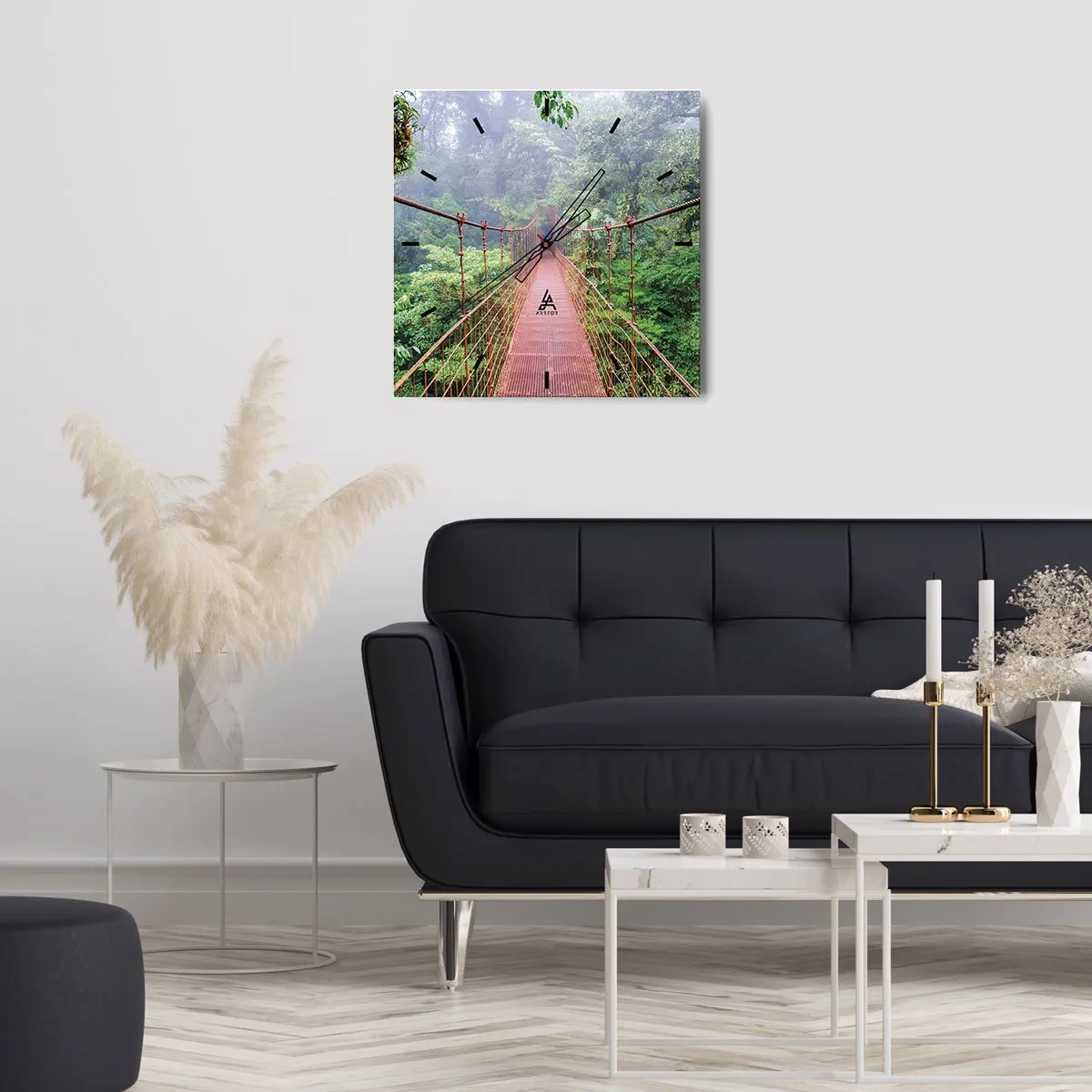 Reloj de pared - Reloj de vidrio - Un puente colgante en una selva tropical rodeado de niebla. - 30x30cm - Suspendido sobre las copas - Decoración de pared moderna para salón y dormitorio ARTTOR