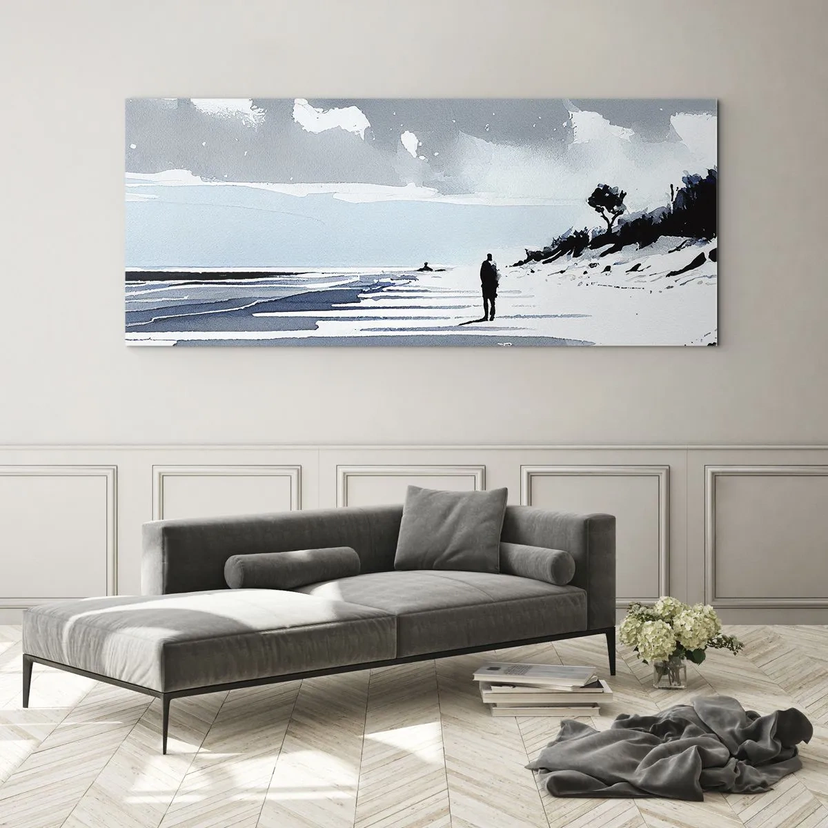 Cuadro sobre vidrio - Impresiones sobre Vidrio - Una figura solitaria caminando por una playa vacía - 160x50cm - Solo conmigo mismo - Decoración de pared moderna para salón y dormitorio ARTTOR