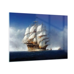 Cuadro sobre vidrio - Impresiones sobre Vidrio - Un velero en alta mar en medio de la niebla marina. - 70x50cm - La gran gloria - Decoración de pared moderna para salón y dormitorio ARTTOR