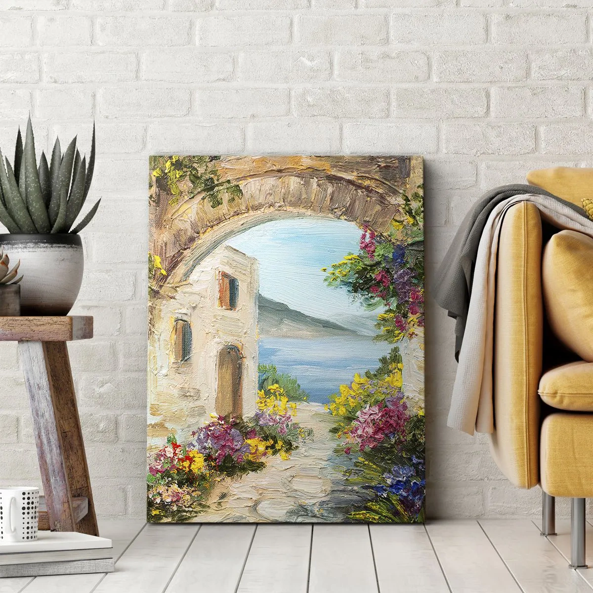 Cuadro sobre lienzo - Impresión de Imagen - Paisaje costero con edificios de piedra y flores. - 50x70cm - El encanto del paisaje costero - Decoración de pared moderna para salón y dormitorio ARTTOR