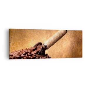 Cuadro sobre lienzo - Impresión de Imagen - Granos de café en una bolsa de yute con una cuchara de metal. - 140x50cm - En la fuente del sabor - Decoración de pared moderna para salón y dormitorio ARTTOR
