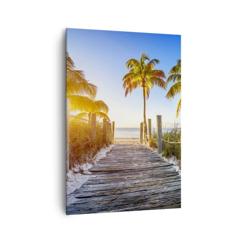 Cuadro sobre lienzo - Impresión de Imagen - Camino de madera en la playa con palmeras al fondo - 70x100cm - Directo al paraíso - Decoración de pared moderna para salón y dormitorio ARTTOR