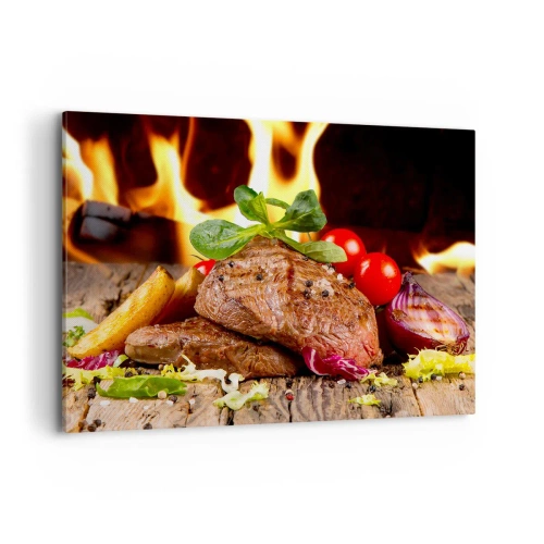 Cuadro sobre lienzo - Impresión de Imagen - Filete a la parrilla con acompañamientos con el telón de fondo de las llamas. - 100x70cm - Embrujo de fuego - Decoración de pared moderna para salón y dormitorio ARTTOR