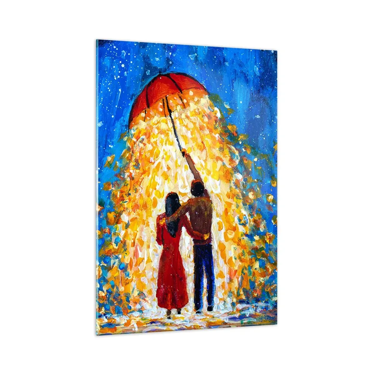 Cuadro sobre vidrio - Impresiones sobre Vidrio - Una pareja bajo un paraguas rojo bajo la lluvia luminosa. - 70x100cm - La magia de una tarde lluviosa - Decoración de pared moderna para salón y dormitorio ARTTOR