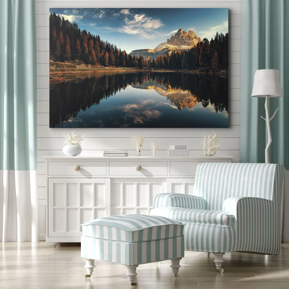 Cuadro sobre lienzo - Impresión de Imagen - Paisaje de montaña con lago y bosque. - 100x70cm - Paisaje duplicado - Decoración de pared moderna para salón y dormitorio ARTTOR