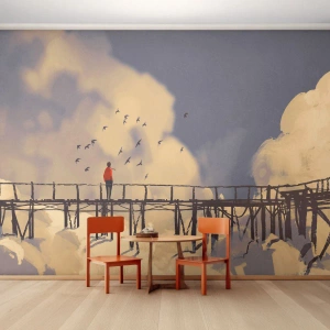 Fotomural Premium Sand - Persona en un puente de madera entre nubes y pájaros. - 100x70cm - Anhelo azul - Decoración de pared moderna para salón y dormitorio ARTTOR