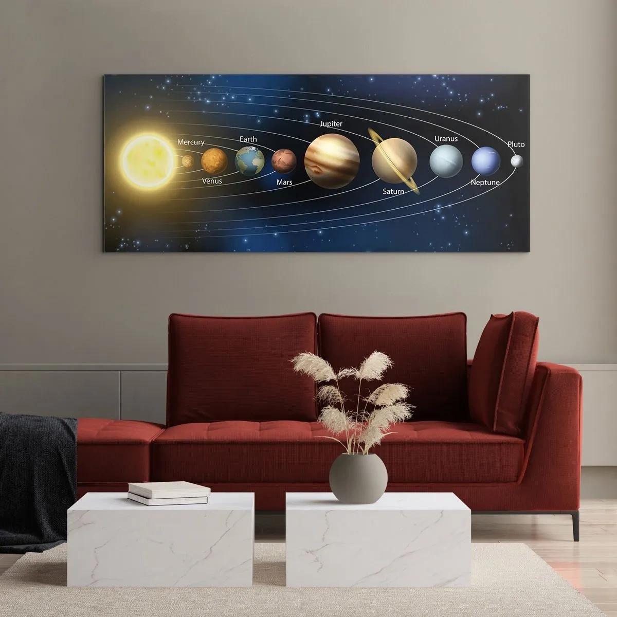 Cuadro sobre vidrio - Impresiones sobre Vidrio - Diagrama del sistema solar con planetas y el sol. - 160x50cm - Uno de diez - Decoración de pared moderna para salón y dormitorio ARTTOR
