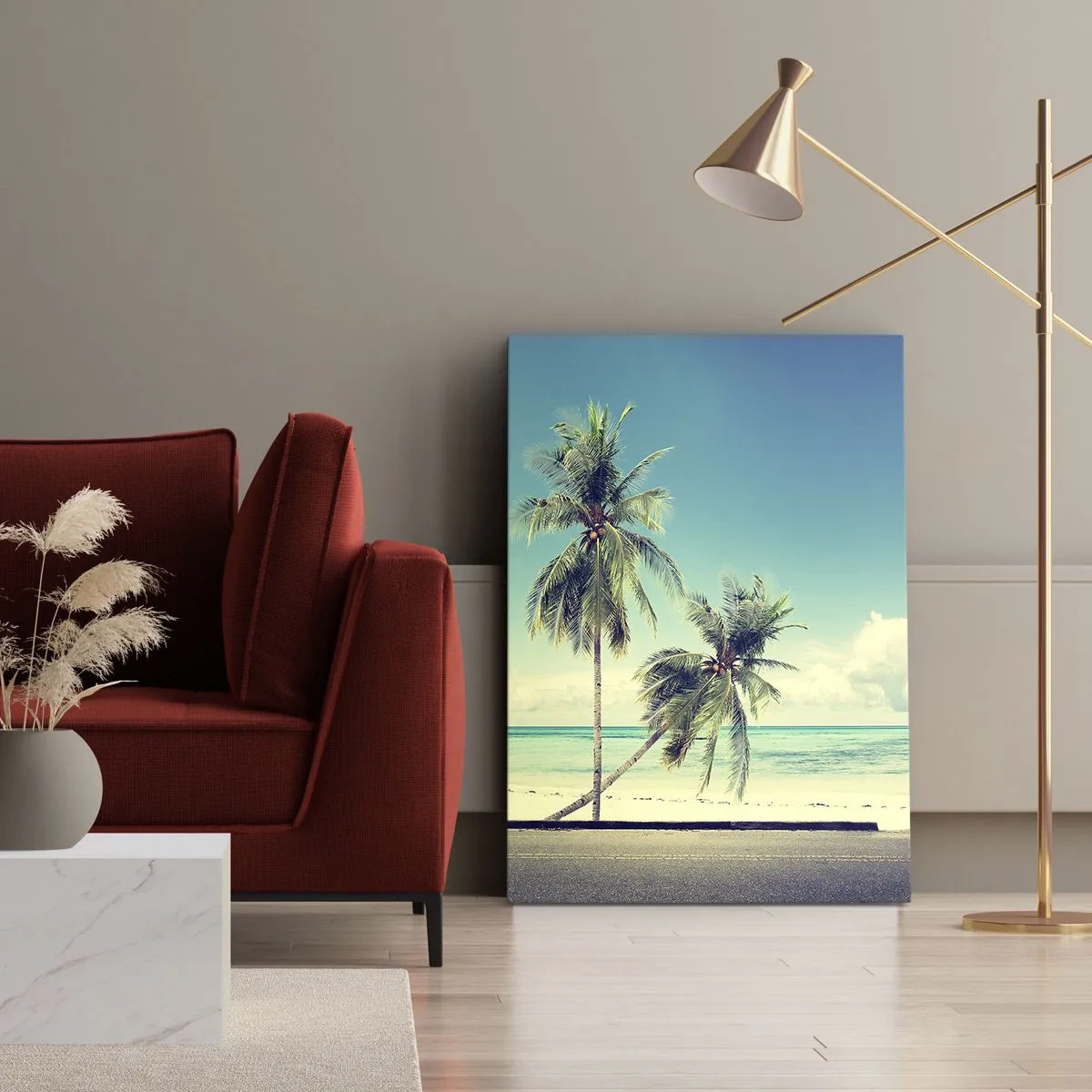 Cuadro sobre lienzo - Impresión de Imagen - Una camioneta rosa con una tabla de surf frente a una playa tropical. - 80x120cm - Comienzan las vacaciones - Decoración de pared moderna para salón y dormitorio ARTTOR