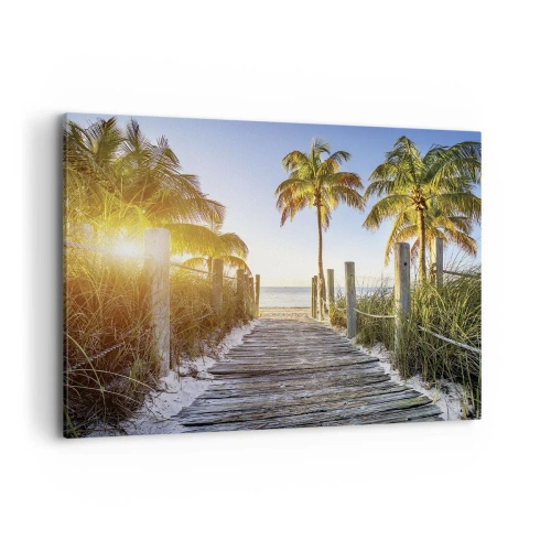 Cuadro sobre lienzo - Impresión de Imagen - Camino de madera en la playa con palmeras al fondo - 120x80cm - Directo al paraíso - Decoración de pared moderna para salón y dormitorio ARTTOR