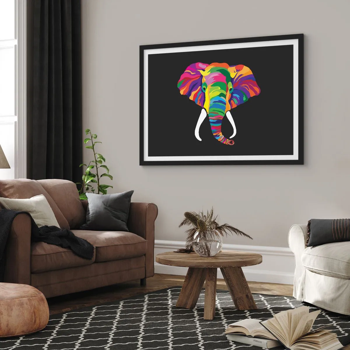 Póster en marco negro - El elefante al que le gustaba bañarse en el arco iris - 91x61 cm