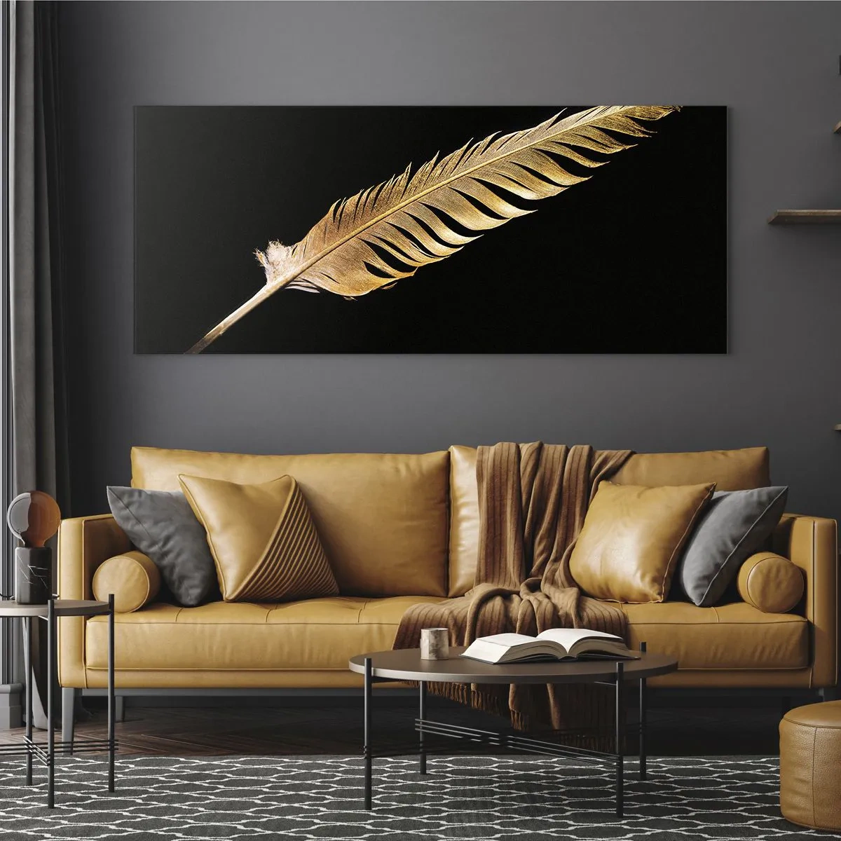 Cuadro sobre vidrio - Impresiones sobre Vidrio - Pluma dorada sobre fondo negro - 140x50cm - Pluma de alta calidad - Decoración de pared moderna para salón y dormitorio ARTTOR