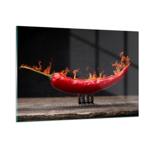 Cuadro sobre vidrio - Impresiones sobre Vidrio - Pimiento rojo ardiente sobre un fondo negro - 120x80cm - Un aperitivo ardiente - Decoración de pared moderna para salón y dormitorio ARTTOR