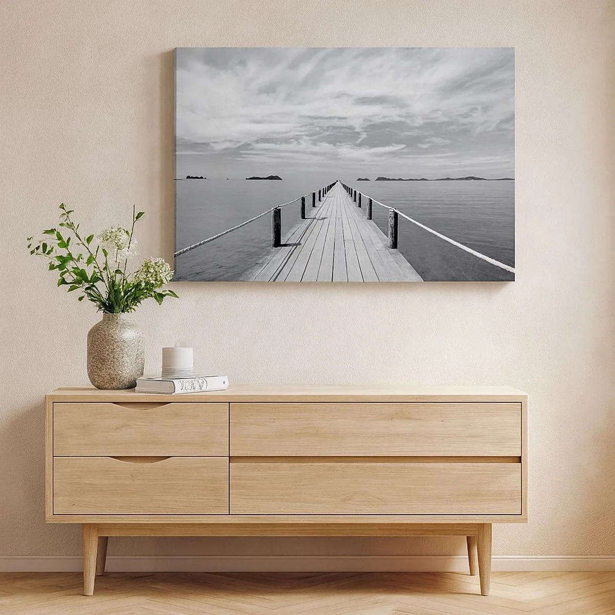 Cuadro sobre lienzo - Impresión de Imagen - Un muelle de madera que se pierde en la distancia sobre un mar en calma. - 70x50cm - Hora de viajar - Decoración de pared moderna para salón y dormitorio ARTTOR