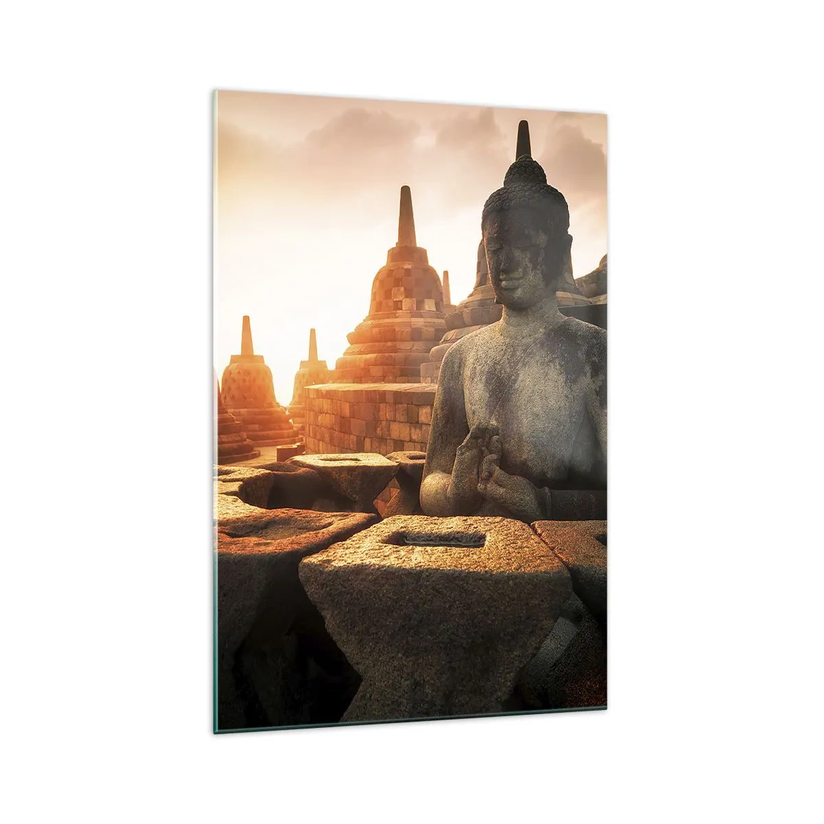 Cuadro sobre vidrio - Impresiones sobre Vidrio - Estatua de Buda en el templo de Borobudur al atardecer - 70x100cm - Tiempo de gran sabiduría - Decoración de pared moderna para salón y dormitorio ARTTOR
