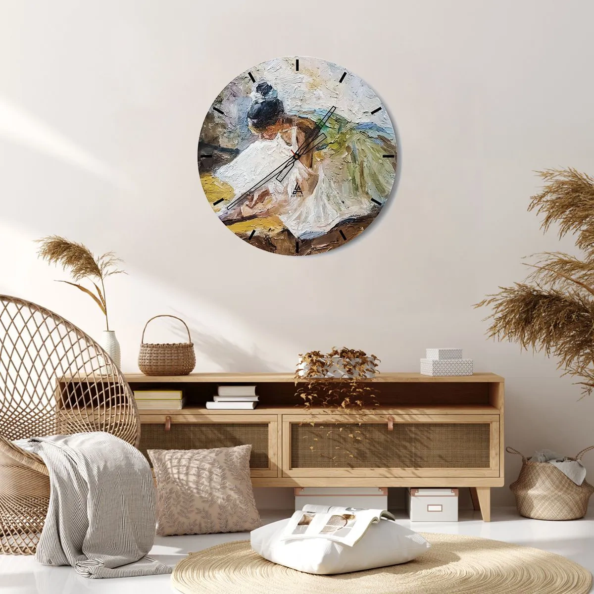 Reloj de pared - Reloj de vidrio - Una bailarina de ballet con un vestido blanco representada en estilo impresionista. - 30x30cm - De un cuadro de Degas - Decoración de pared moderna para salón, cocina y dormitorio ARTTOR
