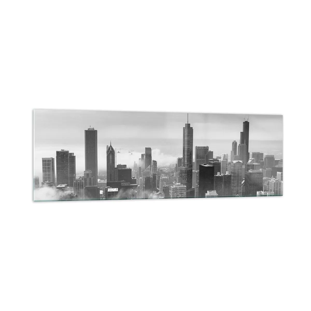 Cuadro sobre vidrio - Impresiones sobre Vidrio - Panorama de la ciudad con rascacielos en las nubes en blanco y negro - 160x50cm - Paisaje americano - Decoración de pared moderna para salón y dormitorio ARTTOR