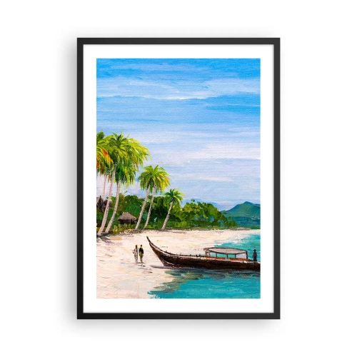 Póster en marco negro - Playa tropical con palmeras y un barco en la orilla. - 50x70cm - Un sueño exótico - Decoración de pared moderna para salón y dormitorio ARTTOR