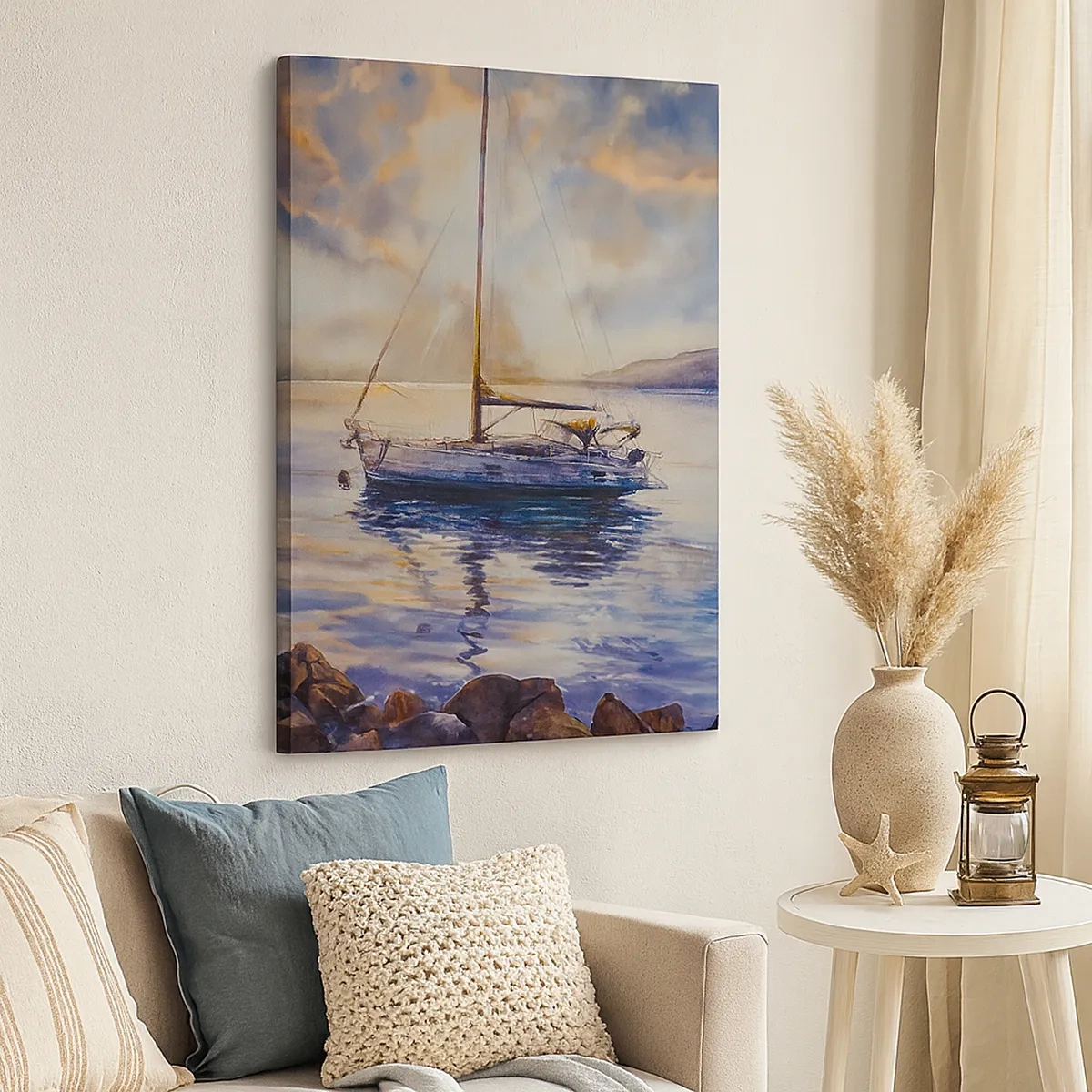 Cuadro sobre lienzo - Impresión de Imagen - Un yate en un mar tranquilo al atardecer. - 50x70cm - Atardecer en la bahía - Decoración de pared moderna para salón y dormitorio ARTTOR