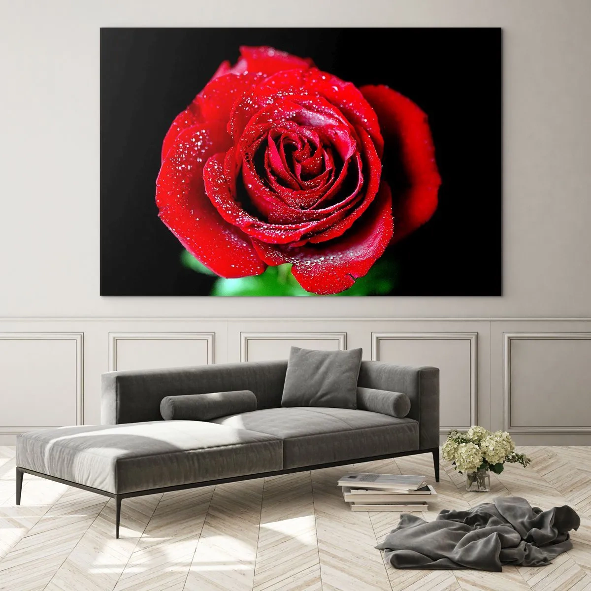 Cuadro sobre vidrio - Impresiones sobre Vidrio - Una rosa roja cubierta de gotas de rocío sobre un fondo oscuro. - 70x50cm - Eso es el amor - Decoración de pared moderna para salón y dormitorio ARTTOR