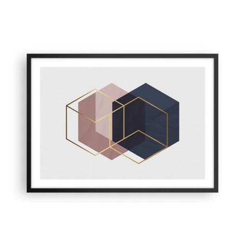 Póster en marco negro - Formas geométricas en líneas doradas sobre un fondo pastel. - 70x50cm - El poder de la sencillez - Decoración de pared moderna para salón y dormitorio ARTTOR