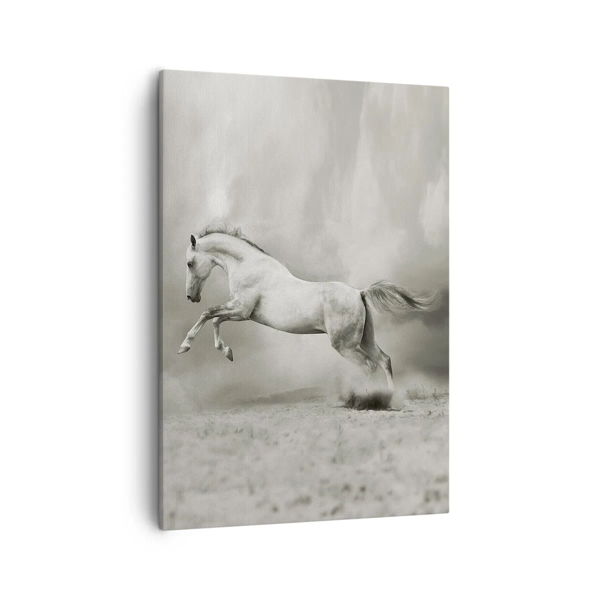 Cuadro sobre lienzo - Impresión de Imagen - Un caballo blanco en un salto dinámico sobre un fondo de nubes brumosas. - 50x70cm - Entre la realidad y el sueño - Decoración de pared moderna para salón y dormitorio ARTTOR