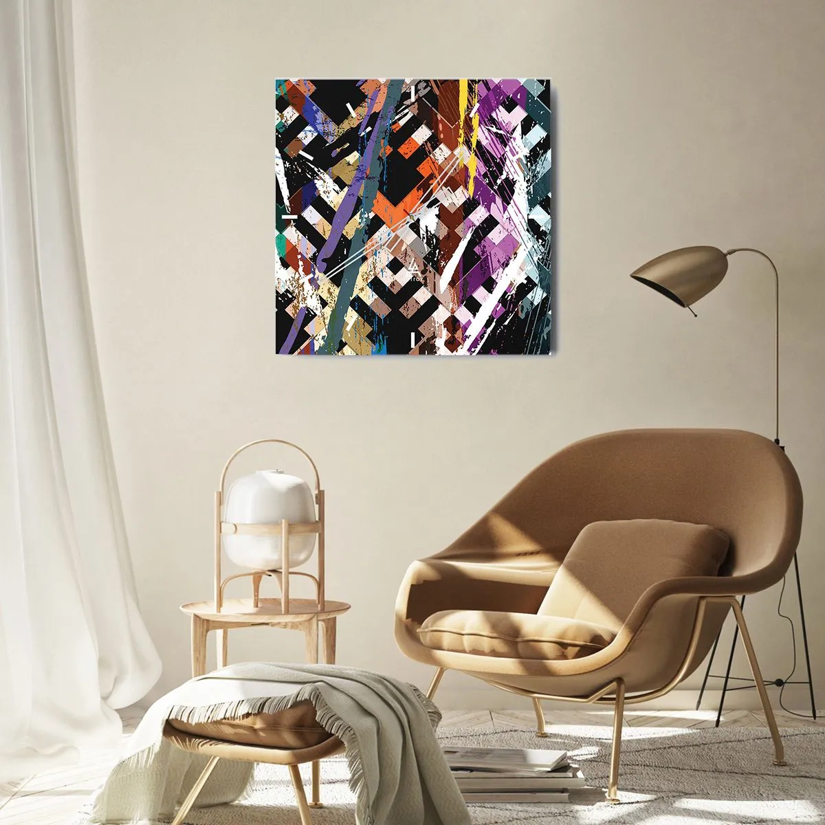 Reloj de pared - Reloj de vidrio - Composición abstracta con líneas de colores sobre fondo negro. - 30x30cm - Elevado al cuadrado - Decoración de pared moderna para salón y dormitorio ARTTOR