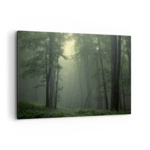 Cuadro sobre lienzo - Impresión de Imagen - Un bosque verde por la mañana envuelto en una delicada niebla. - 100x70cm - Antes de que se despierte el bosque - Decoración de pared moderna para salón y dormitorio ARTTOR