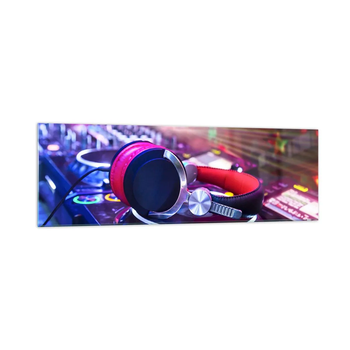 Cuadro sobre vidrio - Impresiones sobre Vidrio - Auriculares de DJ en una consola iluminada por focos en una fiesta - 160x50cm - Empieza la fiesta - Decoración de pared moderna para salón y dormitorio ARTTOR