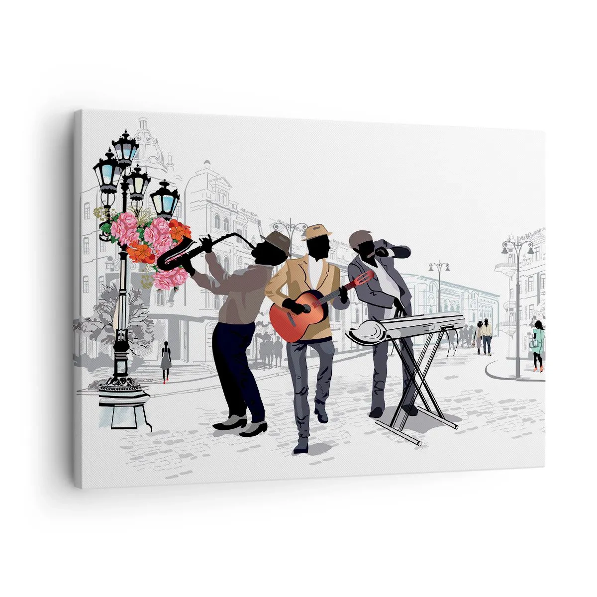 Cuadro sobre lienzo - Impresión de Imagen - Músicos callejeros tocando con el paisaje urbano como telón de fondo - 70x50cm - Música de la calle - Decoración de pared moderna para salón y dormitorio ARTTOR