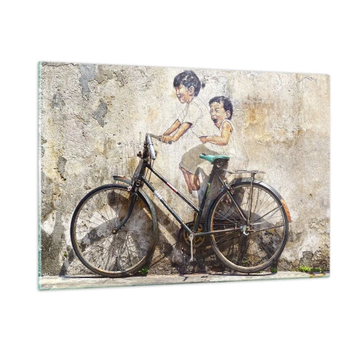 Cuadro sobre vidrio - Impresiones sobre Vidrio - Un mural con una bicicleta y figuras de niños sobre un fondo de pared. - 120x80cm - ¿Verdadero o falso? - Decoración de pared moderna para salón y dormitorio ARTTOR