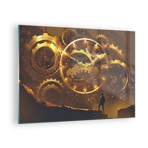 Cuadro sobre vidrio - Impresiones sobre Vidrio - Engranajes steampunk dorados con retroiluminación sobre una silueta humana - 70x50cm - En la fuente del tiempo - Decoración de pared moderna para salón y dormitorio ARTTOR