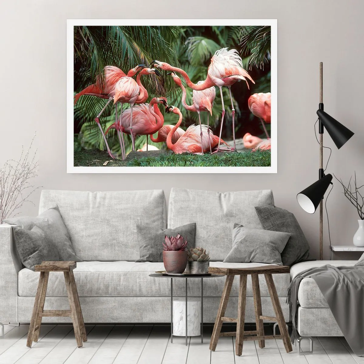 Póster - Un grupo de flamencos en un entorno tropical rodeado de palmeras. - 100x70cm - Cotilleos de la tarde - Decoración de pared moderna para salón y dormitorio ARTTOR