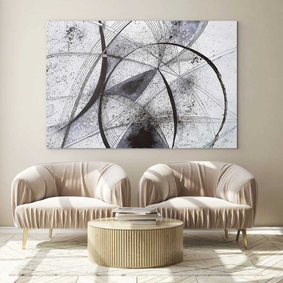 Cuadro sobre vidrio - Impresiones sobre Vidrio - Una composición en blanco y negro de líneas que se cruzan y arcos geométricos. - 70x50cm - Fantasía futurista - Decoración de pared moderna para salón y dormitorio ARTTOR