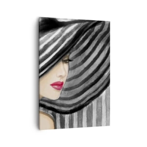 Cuadro sobre lienzo - Impresión de Imagen - Mujer con un sombrero blanco y negro con acento rojo. - 50x70cm - ¿Dónde puedo encontrarte? - Decoración de pared moderna para salón y dormitorio ARTTOR