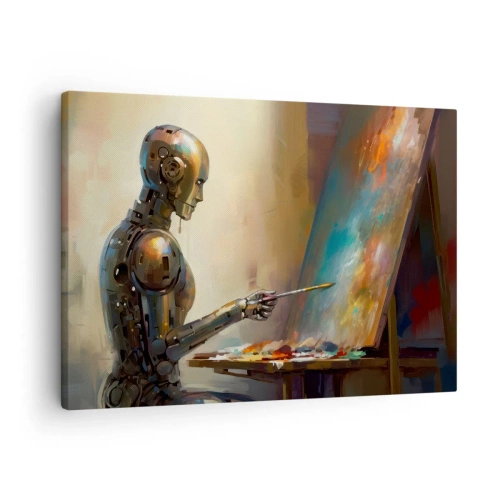 Cuadro sobre lienzo - Impresión de Imagen - Un robot pintando sobre un lienzo con un estilo artístico. - 70x50cm - Arte del futuro - Decoración de pared moderna para salón y dormitorio ARTTOR