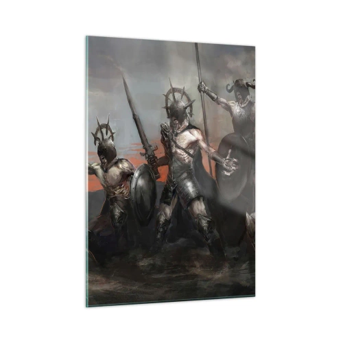 Cuadro sobre vidrio - Impresiones sobre Vidrio - Guerreros con lanzas y escudos contra el cielo rojo. - 50x70cm - Escudo con escudo - Decoración de pared moderna para salón y dormitorio ARTTOR