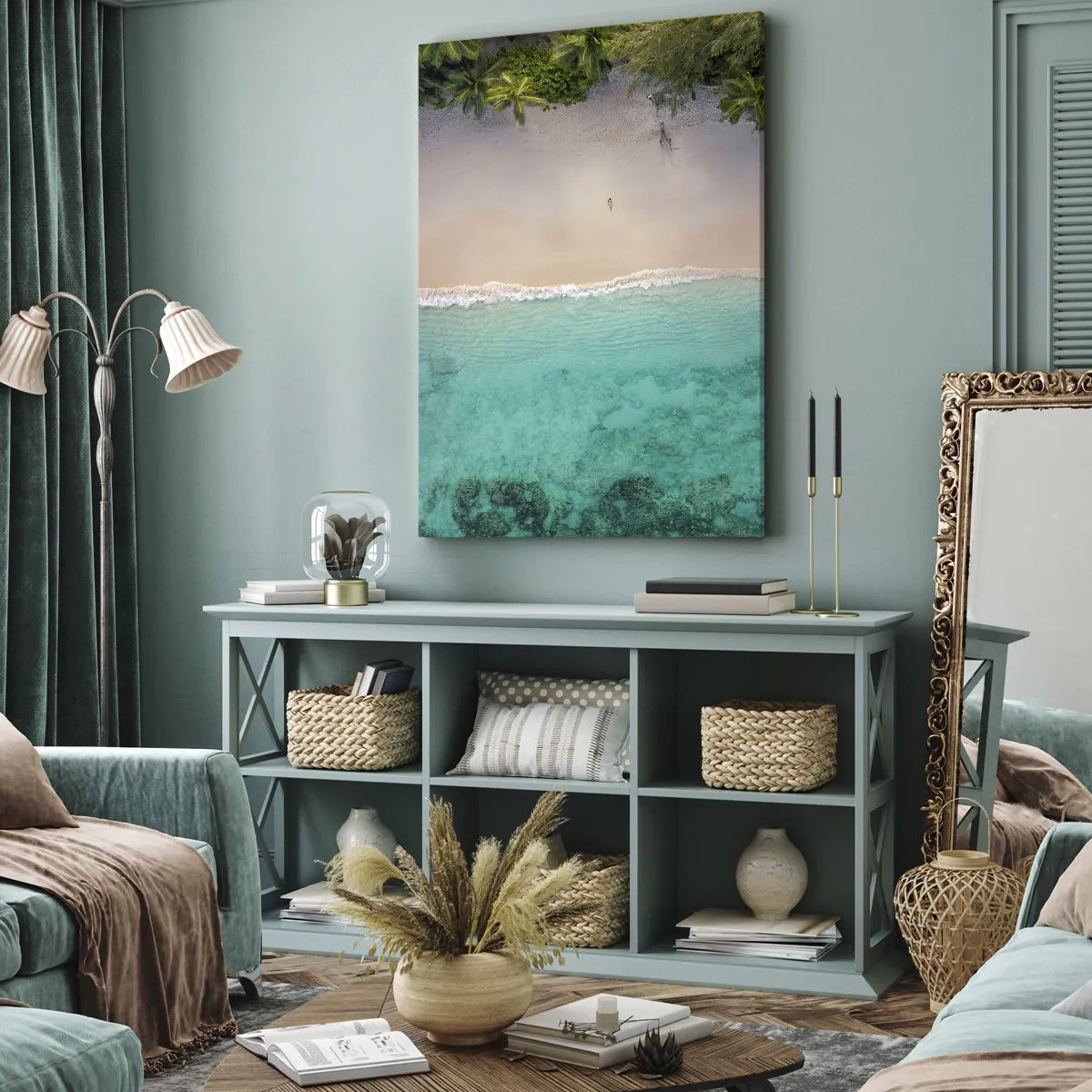 Cuadro sobre lienzo - Impresión de Imagen - Vista aérea de una playa tropical con agua turquesa. - 50x70cm - Playa del paraíso - Decoración de pared moderna para salón y dormitorio ARTTOR